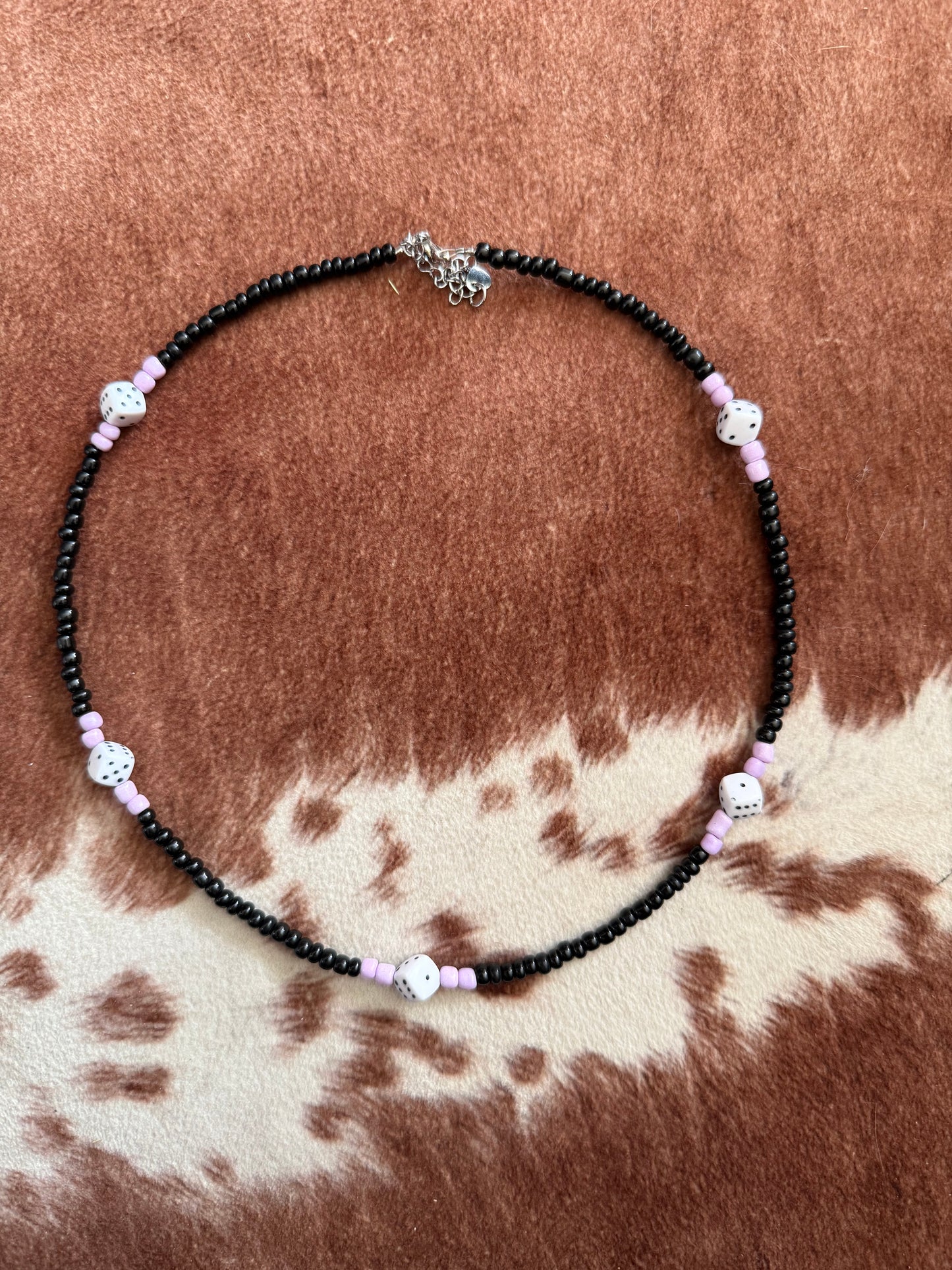 Purple, Black and White Dice Seed Bead Choker Necklace