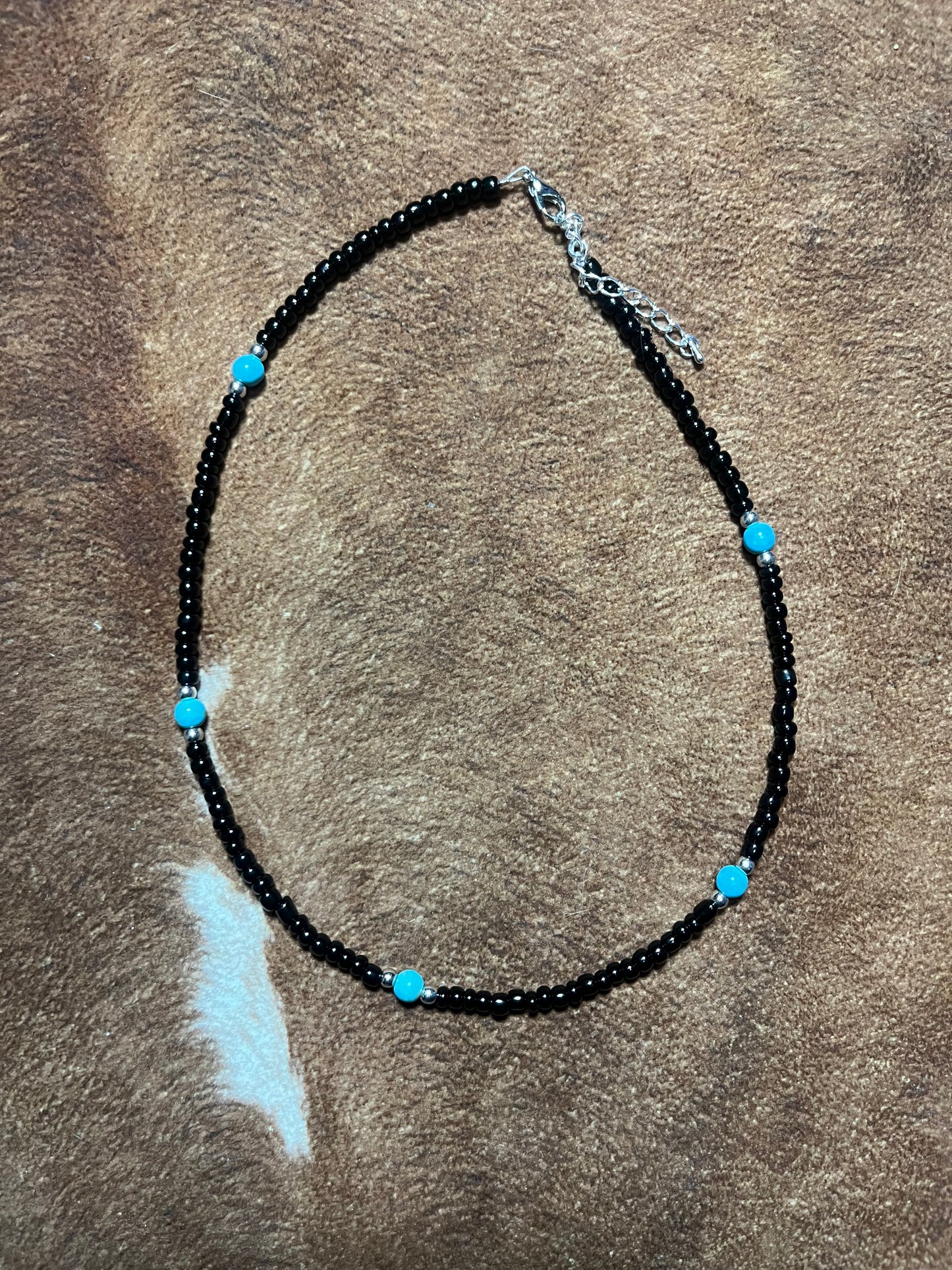 Black Seed Bead Choker Necklace with Large Turquoise Coloured Sphere Accent