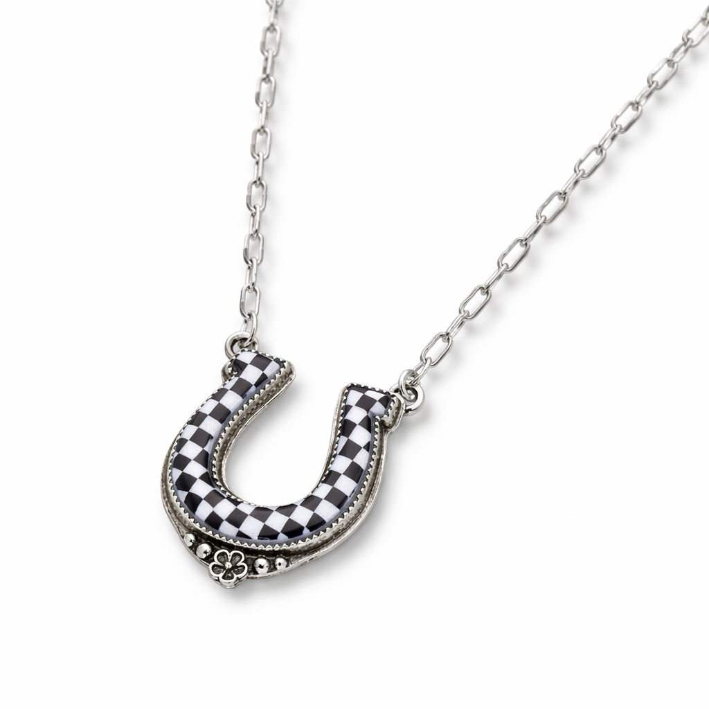 Horseshoe Checker Stone Pendant Necklace