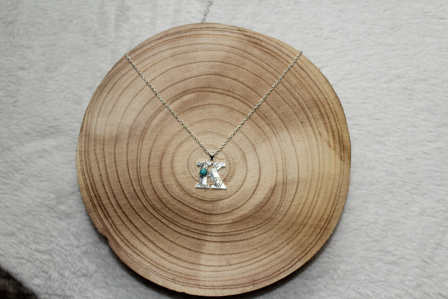 Imitation Turquoise and Stamped Initial Necklace