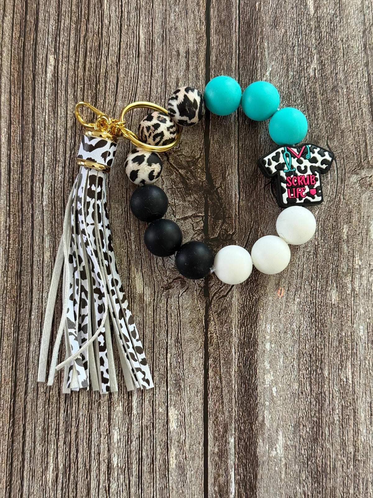 Pink, Turquoise, and Leopard Print Scrub Life Nursing Wristlet Keychain