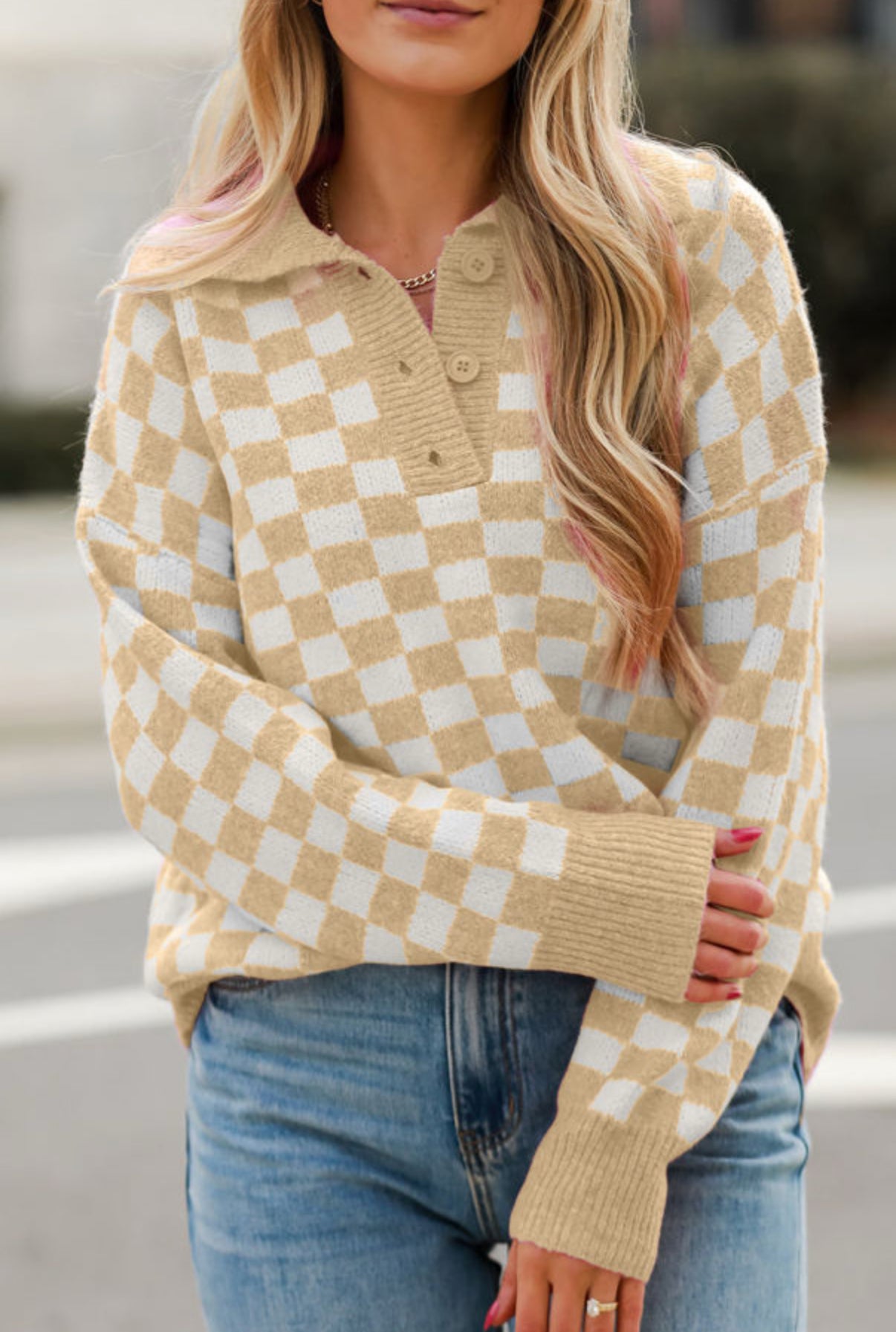 Apricot Checkered Buttoned Sweater