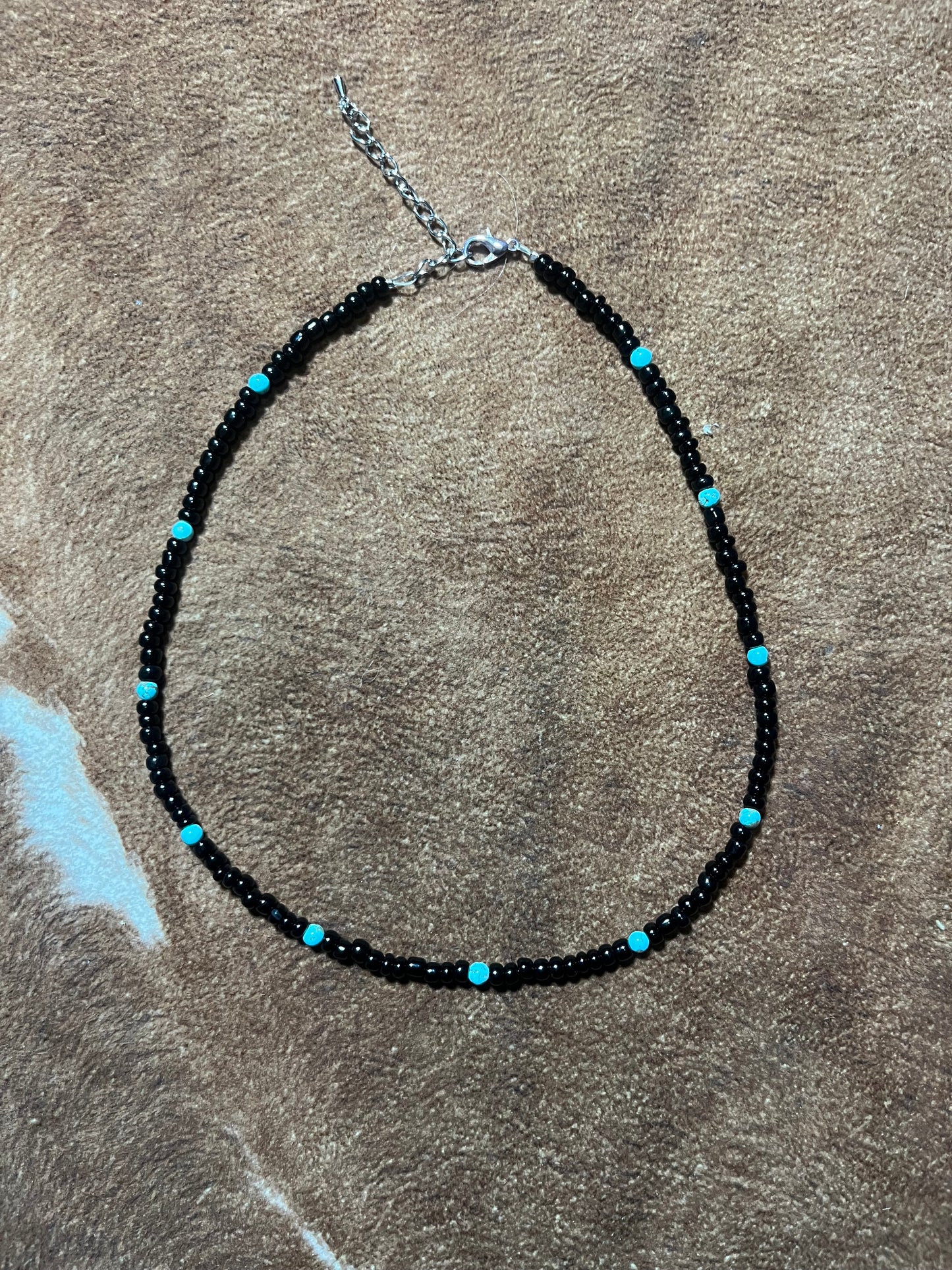 Black Seed Bead Choker Necklace with Small Turquoise Coloured Sphere