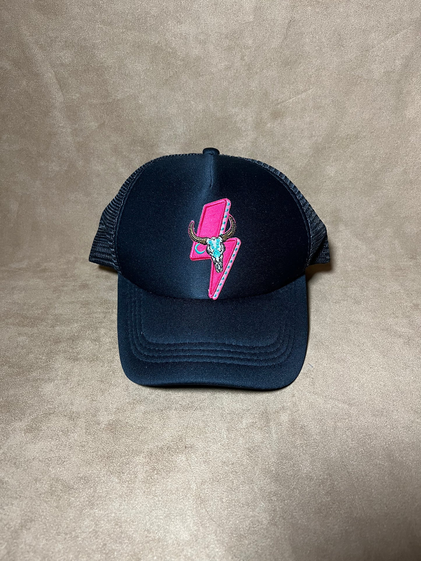 Pink Lightning Bull Skull Trucker Cap