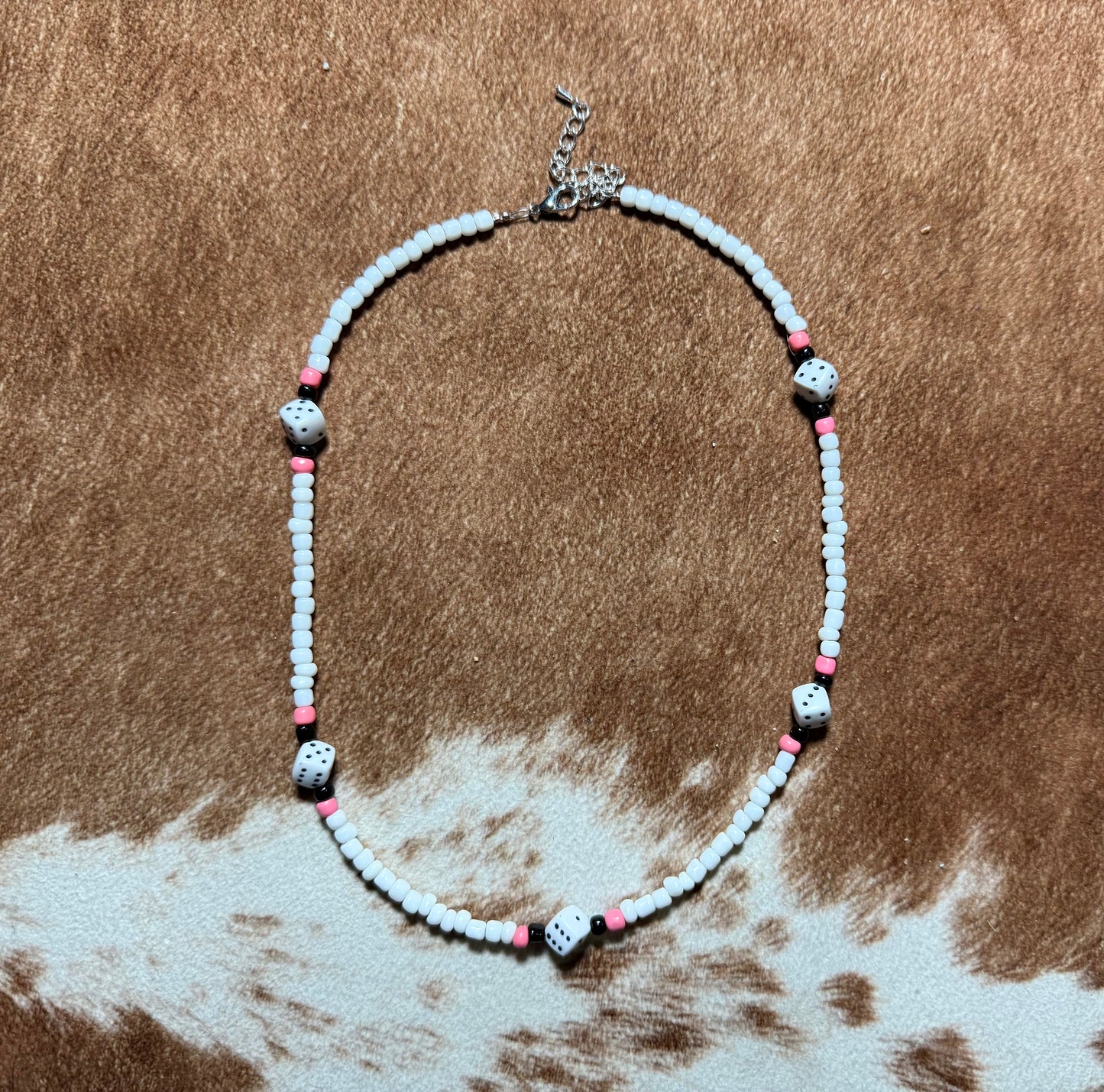 Black, Pink and White Dice Seed Bead Choker Necklace