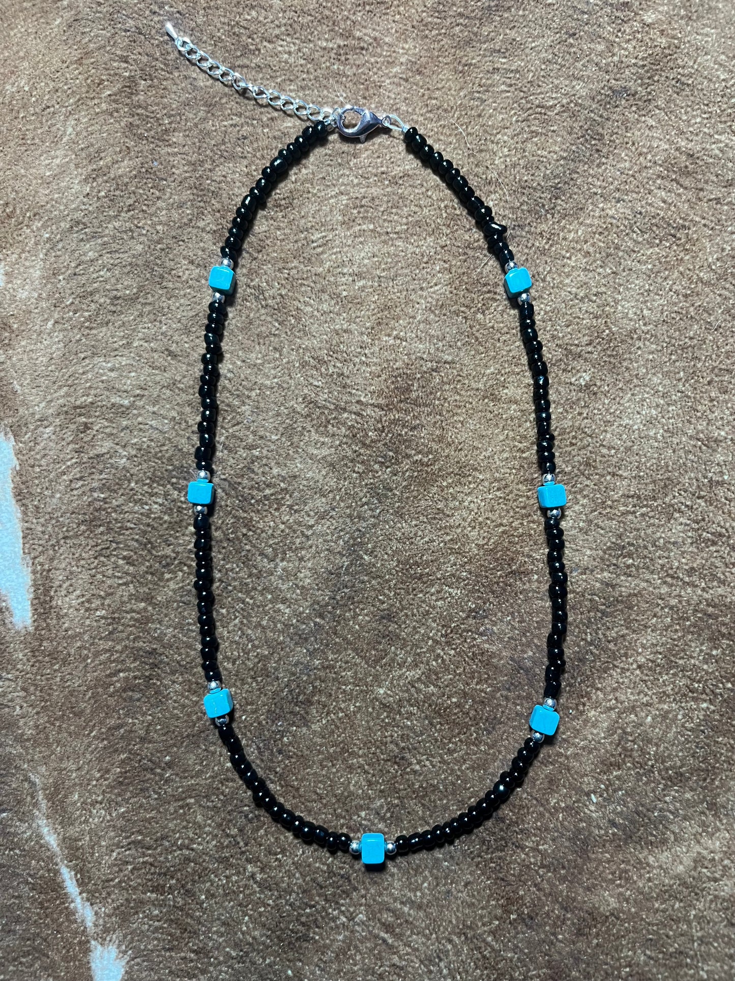 Black Seed Bead Choker Necklace with Turquoise Coloured Cube Accent