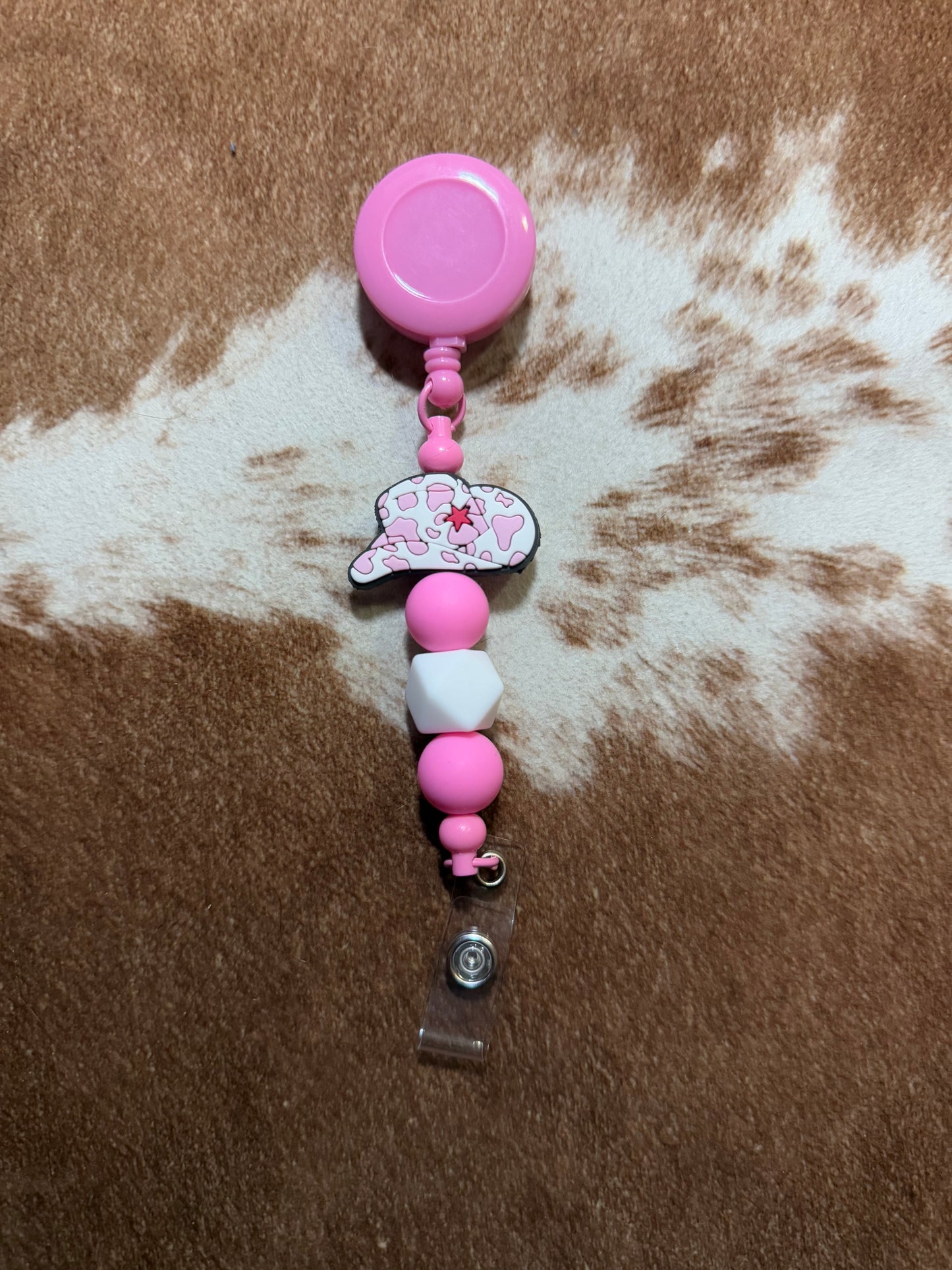 Pink and White Cow Print Cowboy Hat Badge Reel