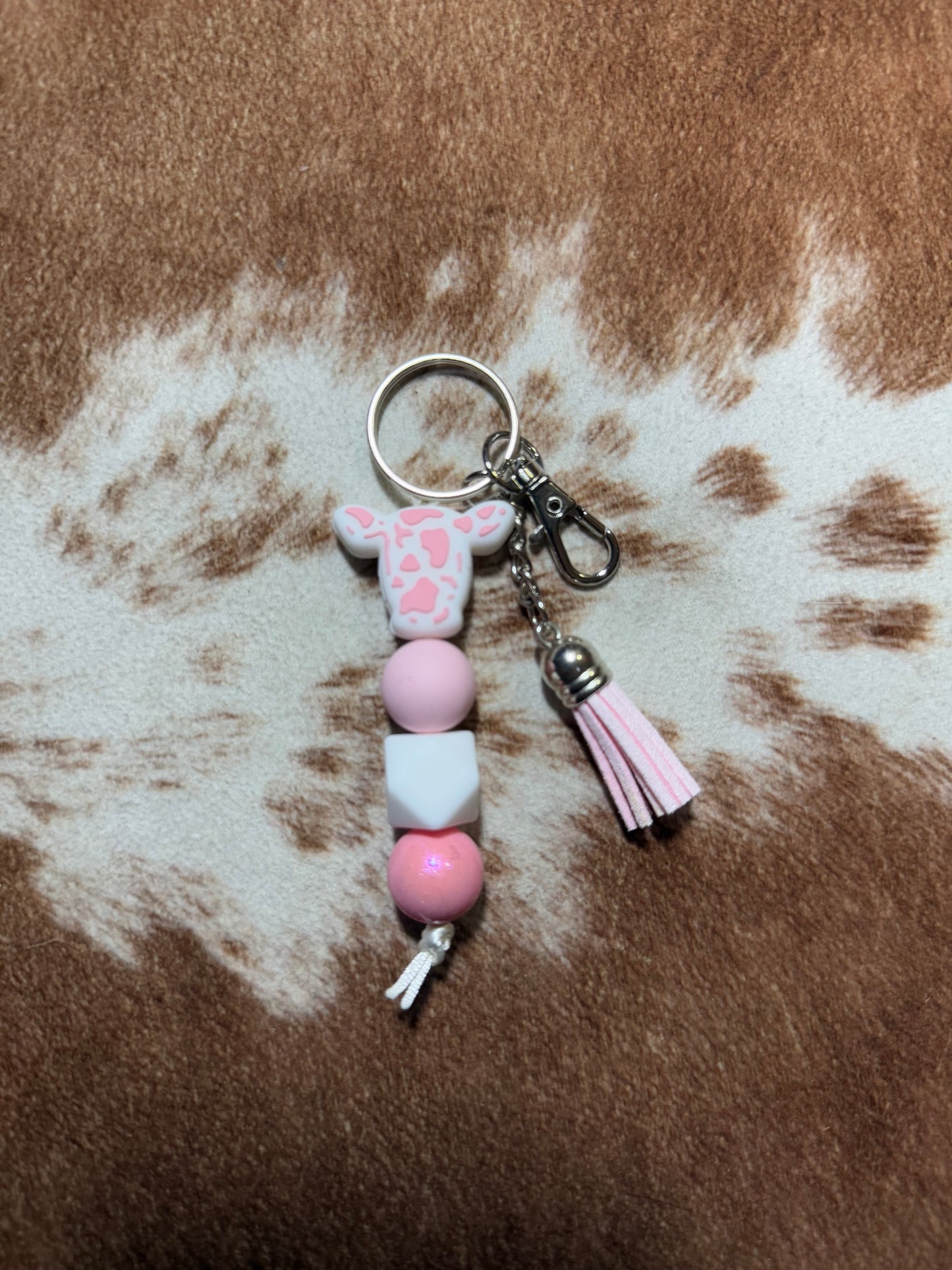 Pink Cow Head Keychain