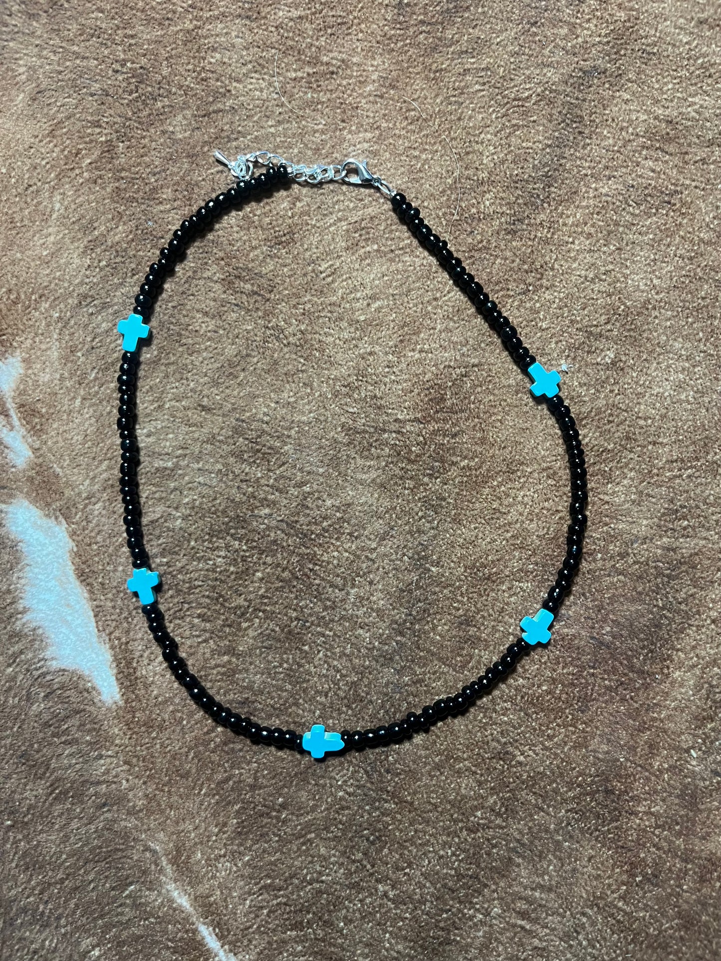 Black Seed Bead Choker Necklace with Turquoise Coloured Cross Accent