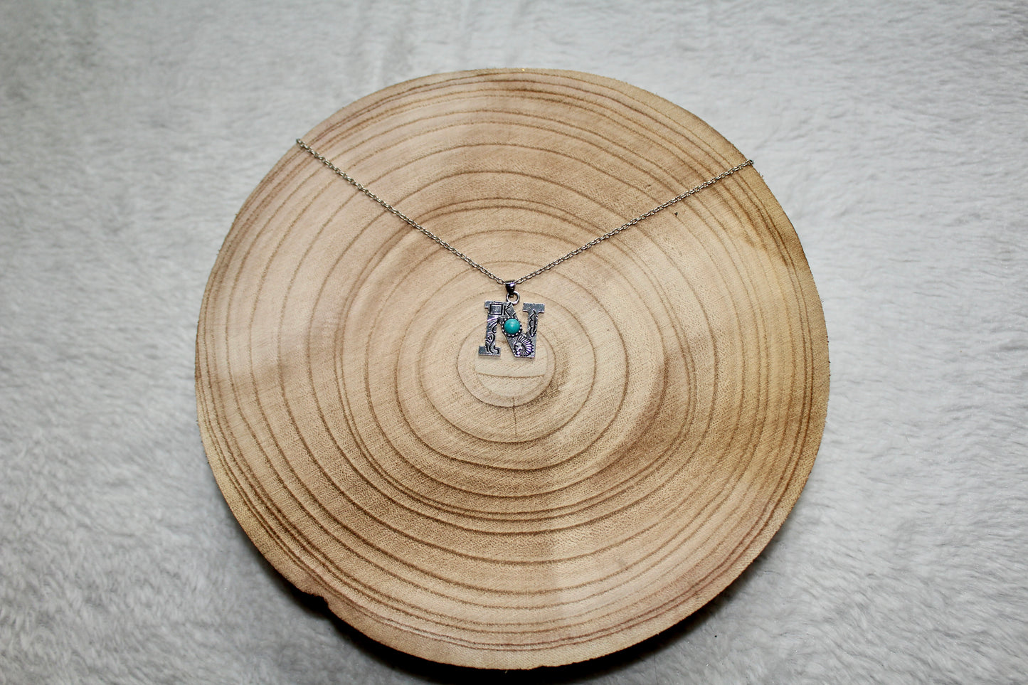Imitation Turquoise and Stamped Initial Necklace