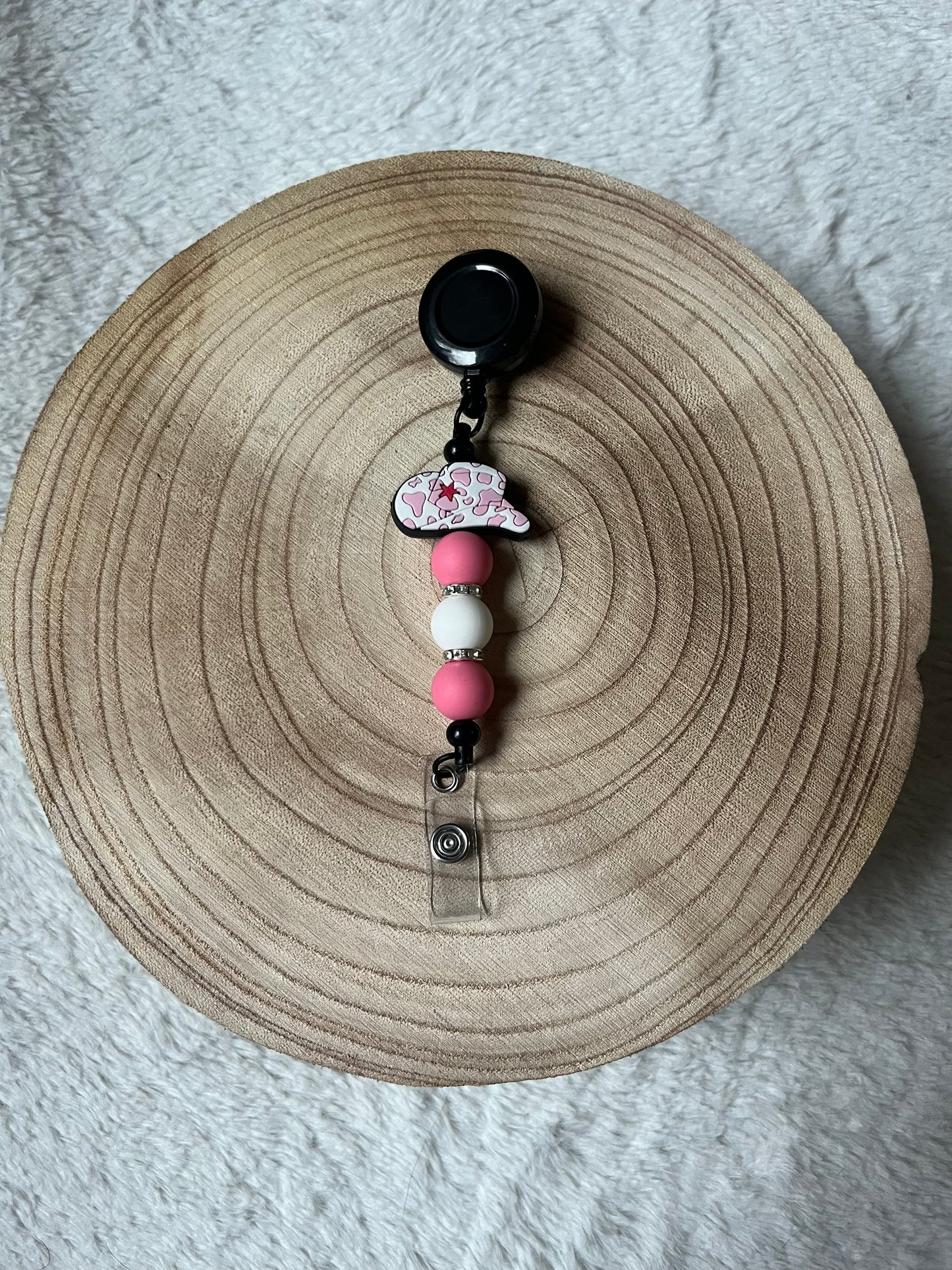 Black, Pink and Cow Print Cowboy Hat Badge Reel