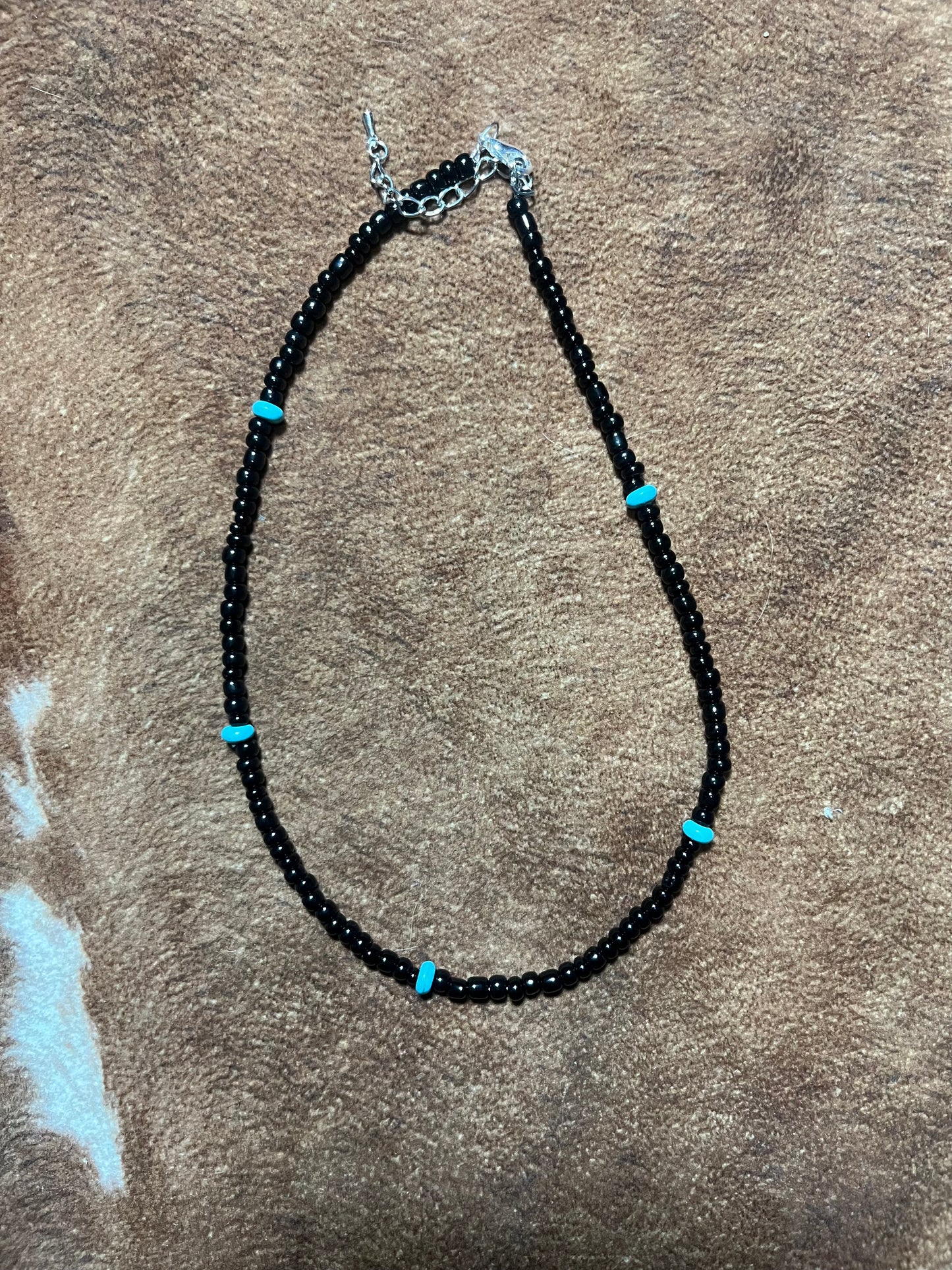 Black Seed Bead Choker Necklace with Turquoise Coloured Accent