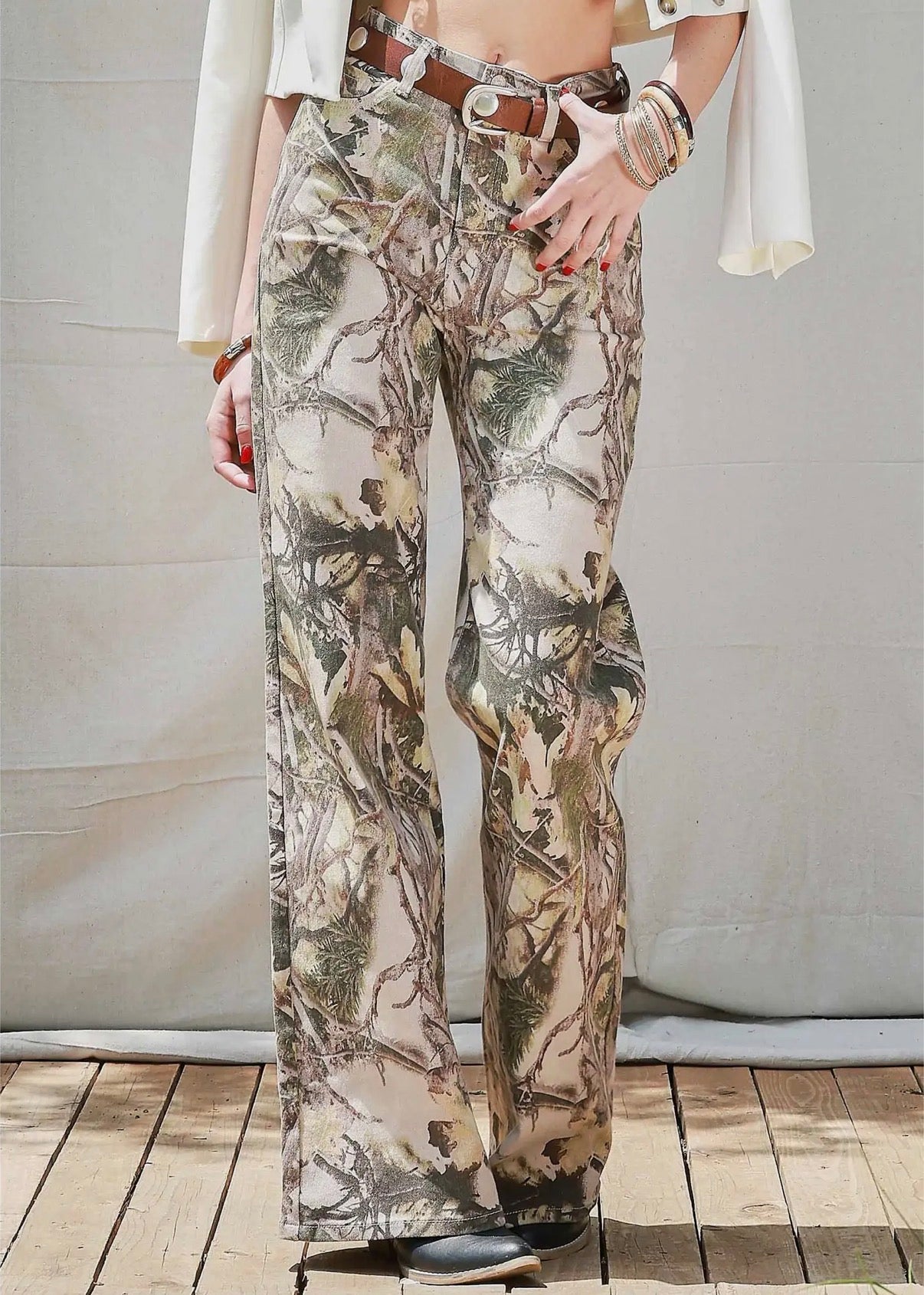 High-Rise Camo Print Wide Leg Jeans (Light Wash) Pre-order