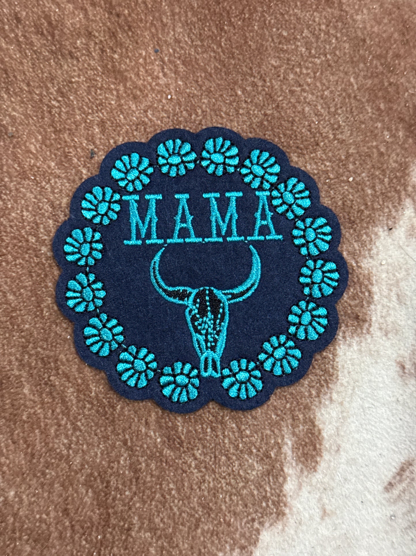 Turquoise Bull Skull Floral Mama Iron on Patch