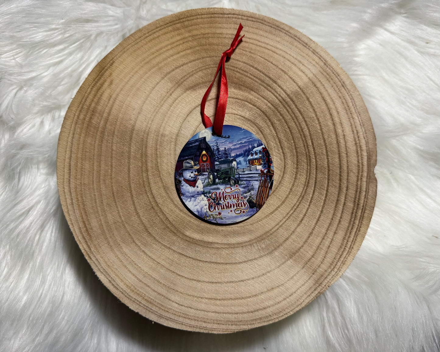 Snowman and Tractor Merry Christmas Ornament