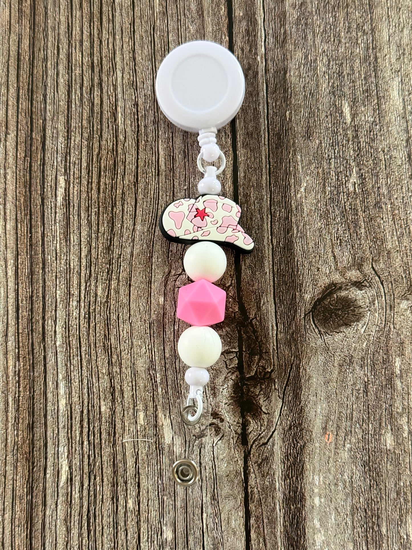 Pink and White Cowboy Hat Badge Reel