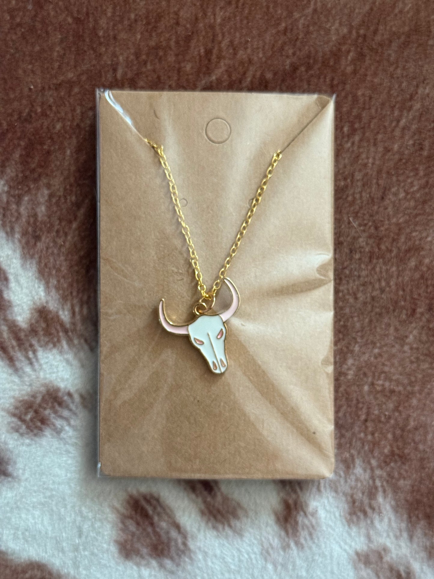Pink and White Bull Skull Necklace