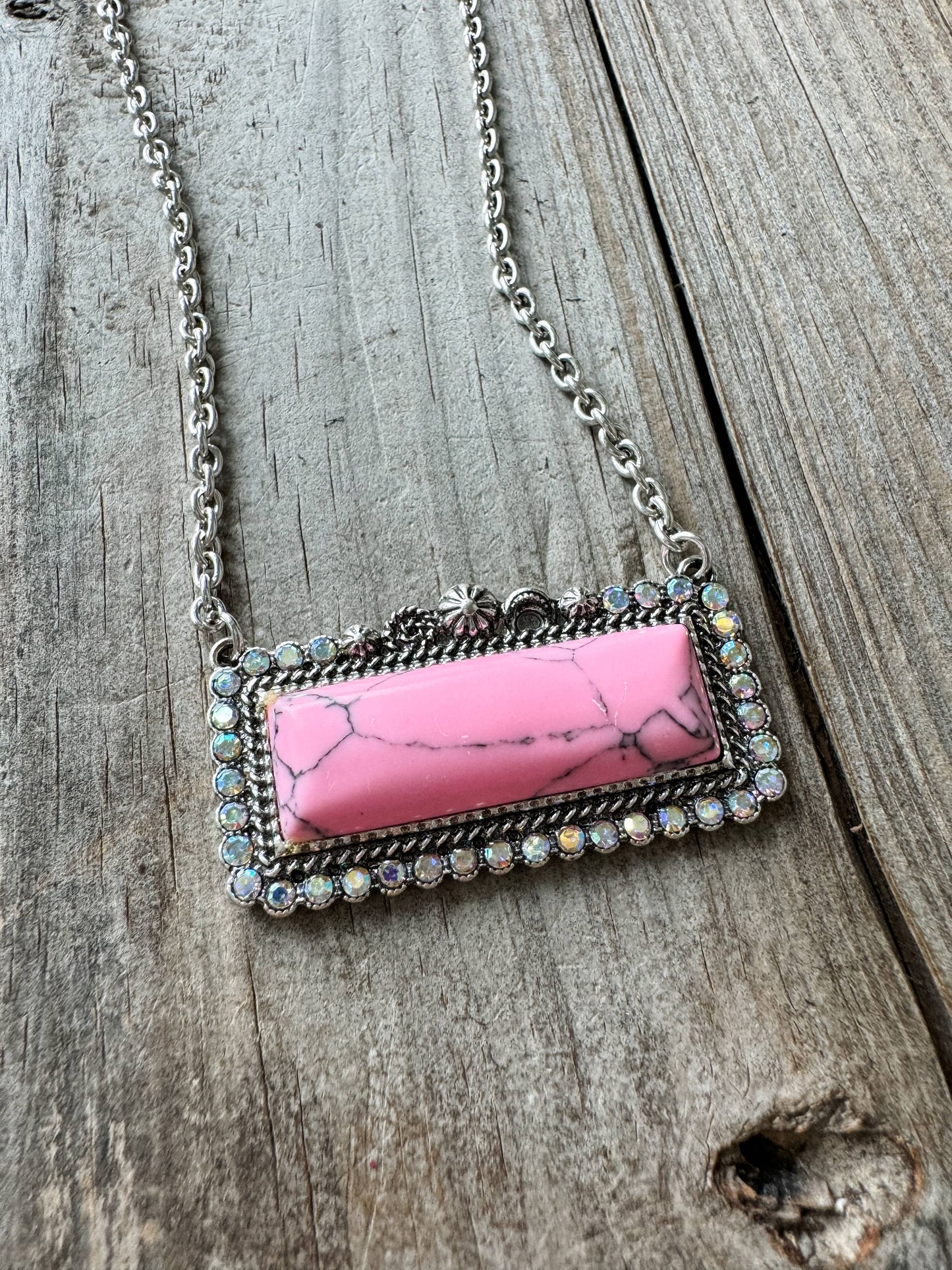 Western Semi Stone Bar Necklace - with Rhinestone edge