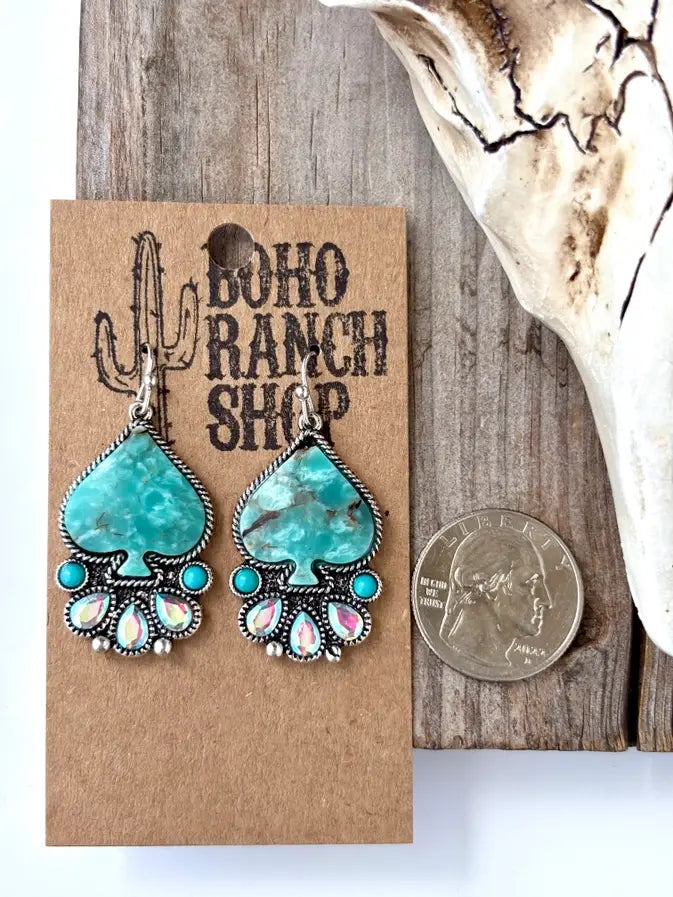 Western Style Spade Stone & Rhinestone Drop Dangle Earrings