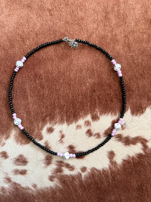 Purple, Black and White Dice Seed Bead Choker Necklace