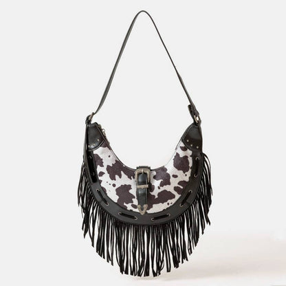 Cow Print Leather Fringe Hobo Bag