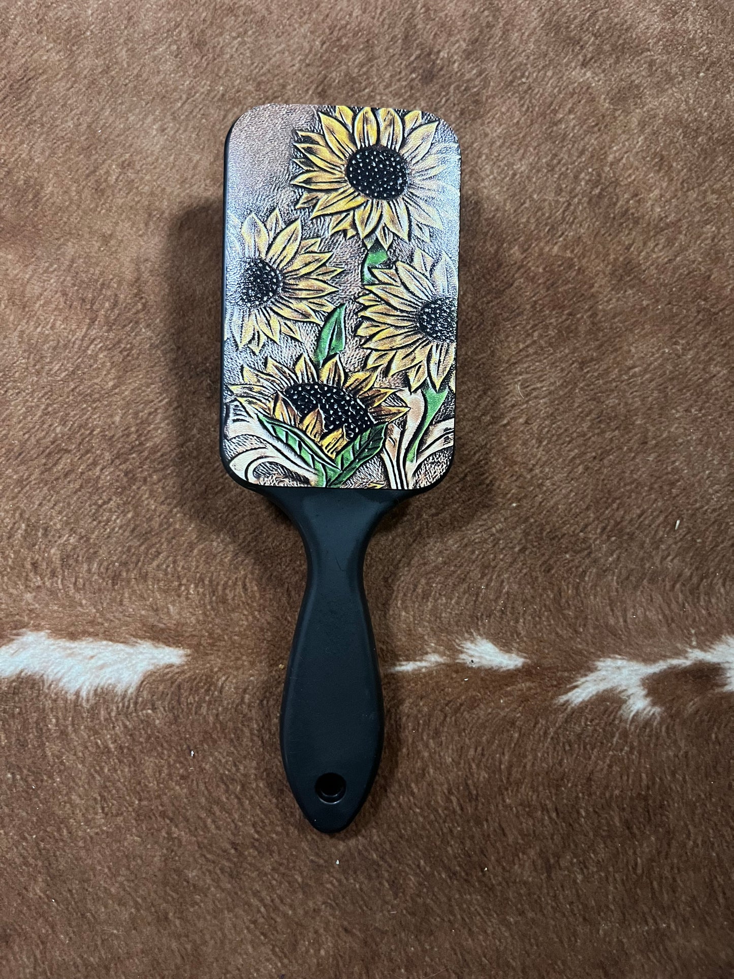 Multi Sunflower Leather Tooled Printed Hair Brush