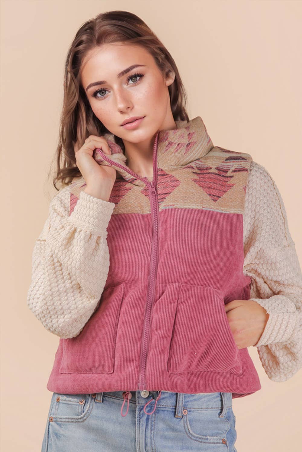 NJ90416-Aztec Graphic Corduroy Casual Puffer Vest