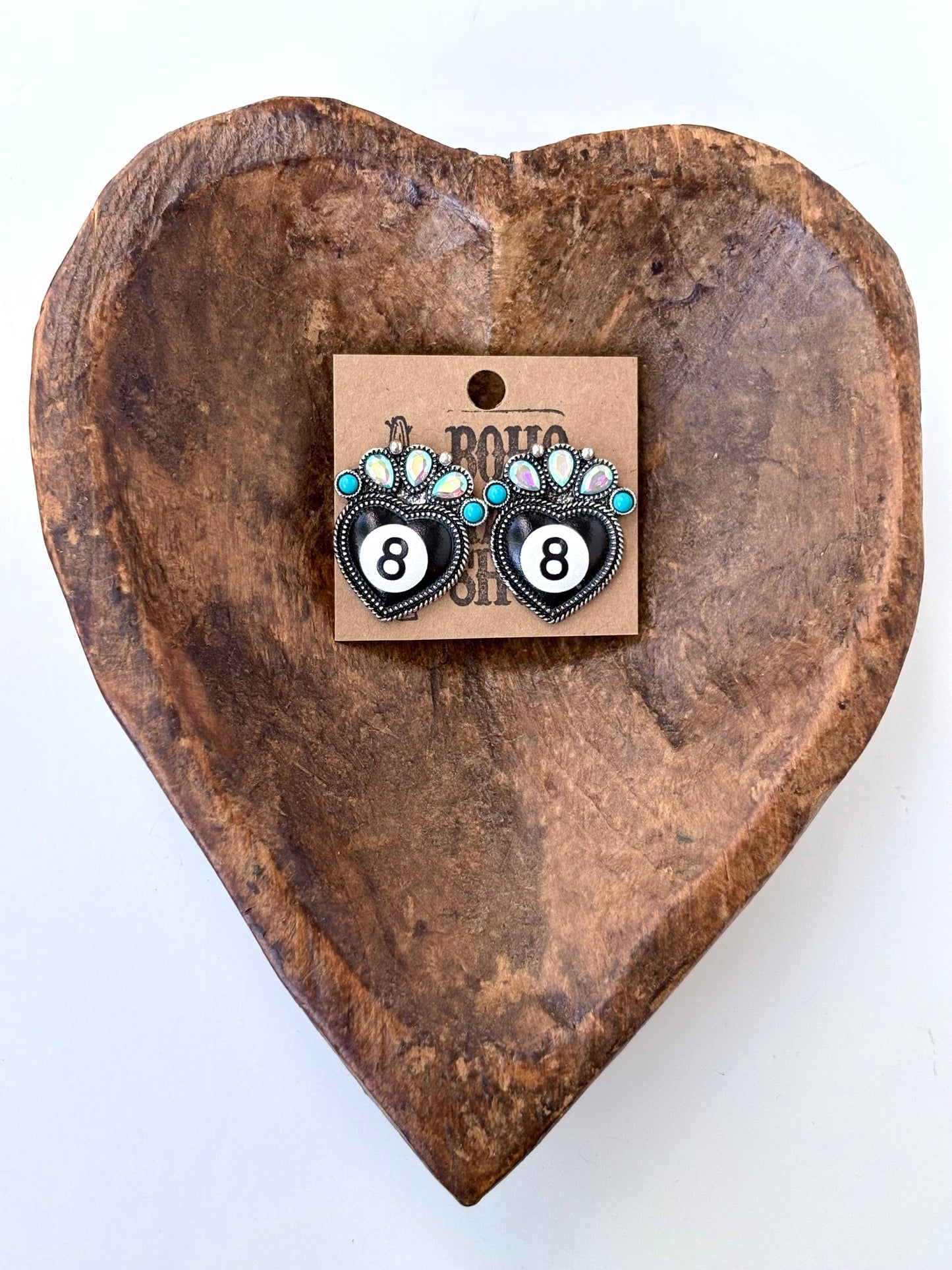 Western Style 8 Ball Stone Heart Stud Earrings