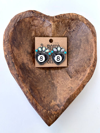 Western Style 8 Ball Stone Heart Stud Earrings