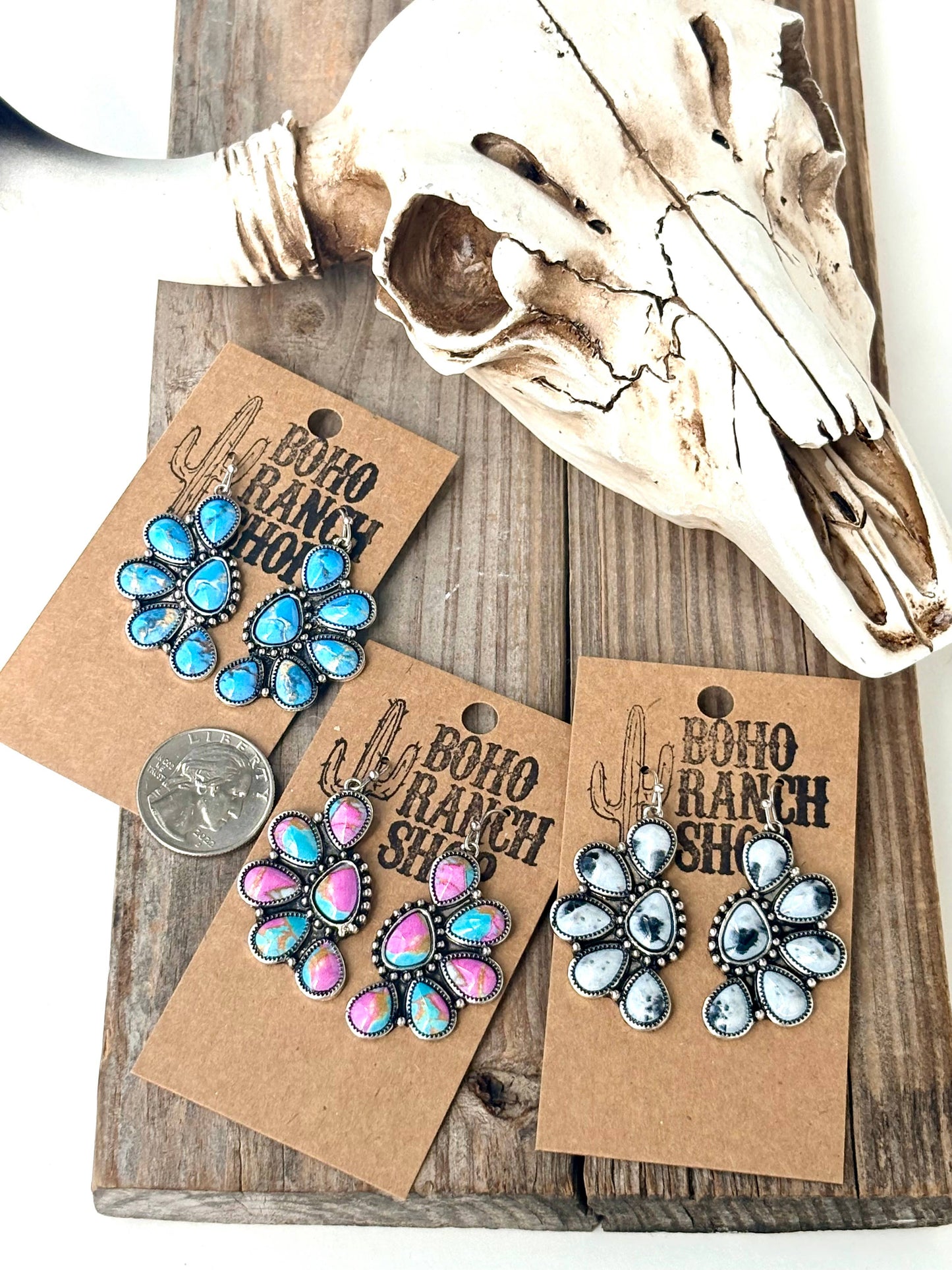 Western Half Concho Squash Blossom Stone Dangle Earrings