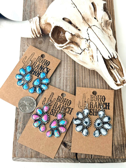 Western Half Concho Squash Blossom Stone Dangle Earrings
