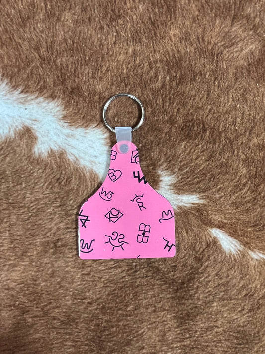 Pink with Cattle Brands Ear Tag Keychain