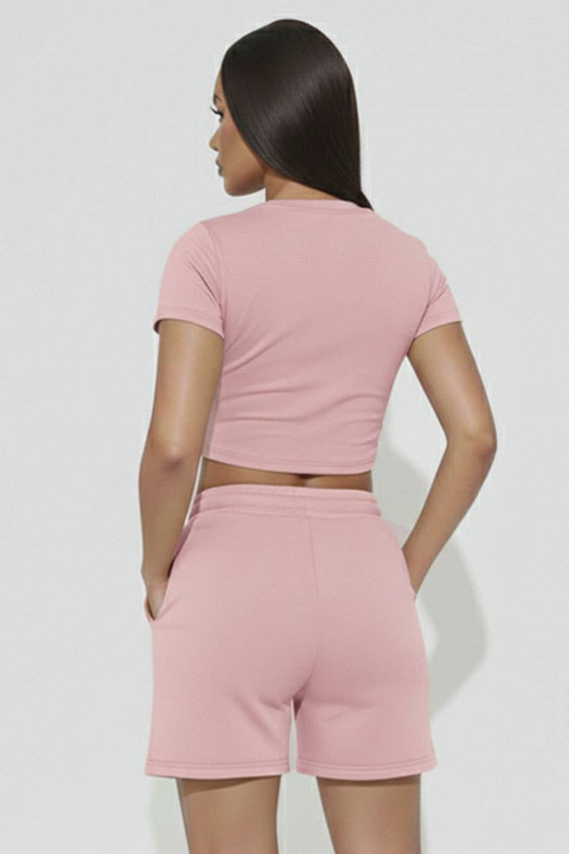 Fitted Crop Tee & Shorts Set - Pink