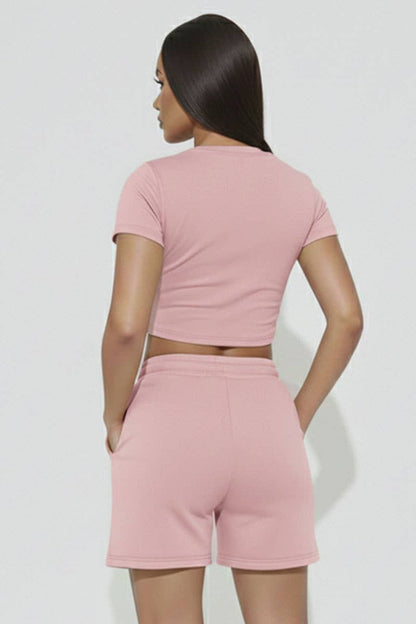 Fitted Crop Tee & Shorts Set - Pink