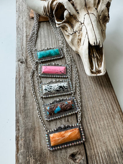 Western Semi Stone Bar Necklace - with Rhinestone edge