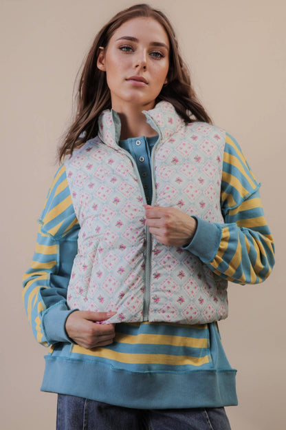 NJ90395-Floral Printed Cropped Puffer Vest