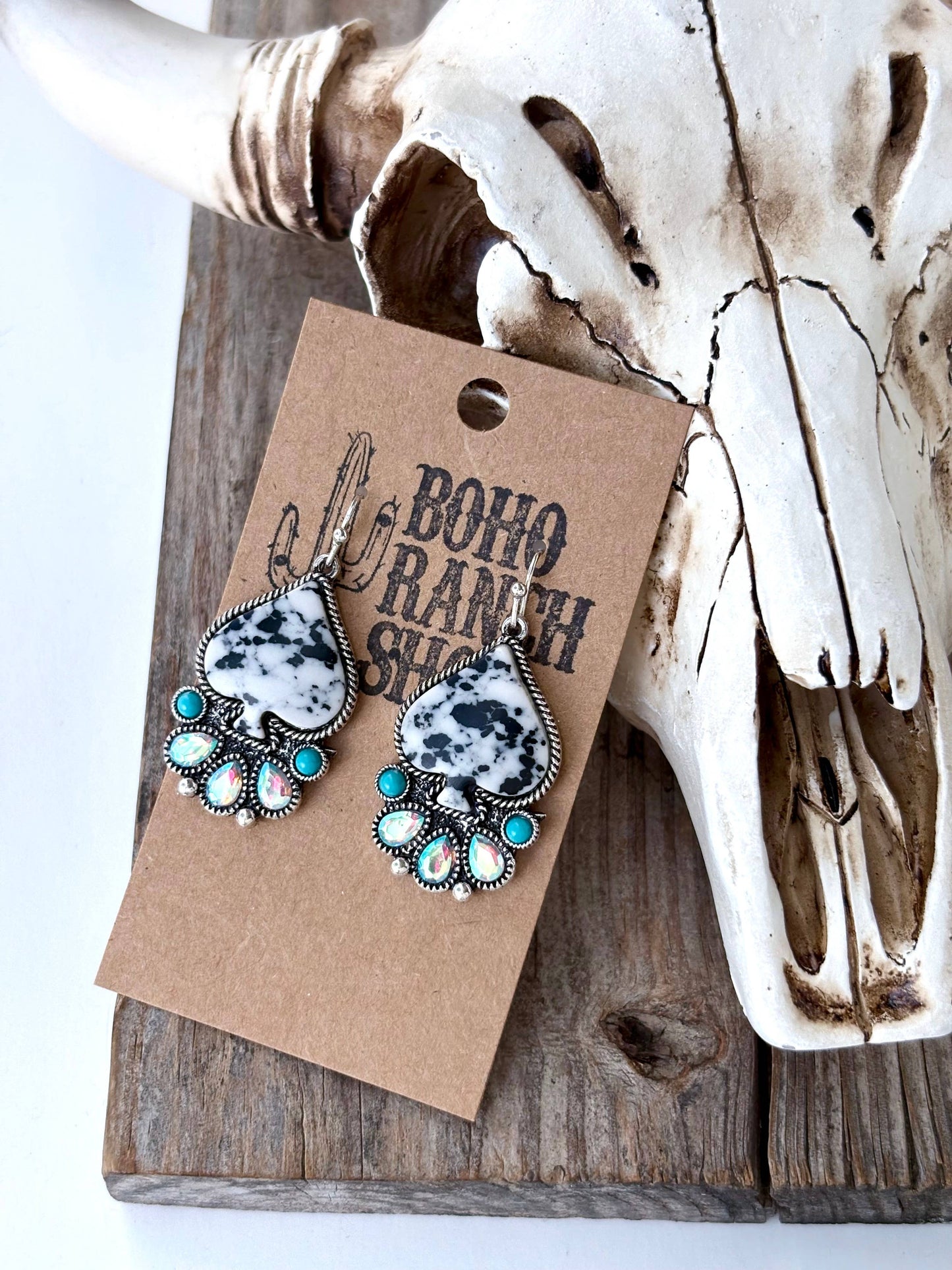 Western Style Spade Stone & Rhinestone Drop Dangle Earrings