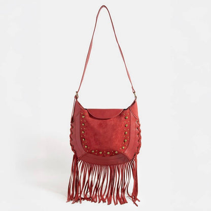 Rivet Trim Suede Fringe Shoulder Bag