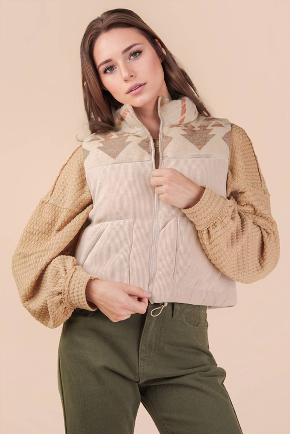 NJ90416-Aztec Graphic Corduroy Casual Puffer Vest