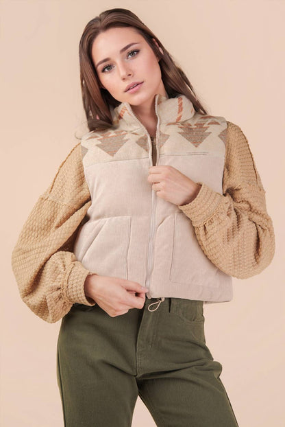 NJ90416-Aztec Graphic Corduroy Casual Puffer Vest