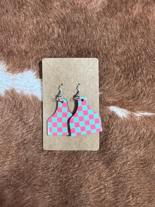 Pink and Mint Checkered Ear Tag Earrings