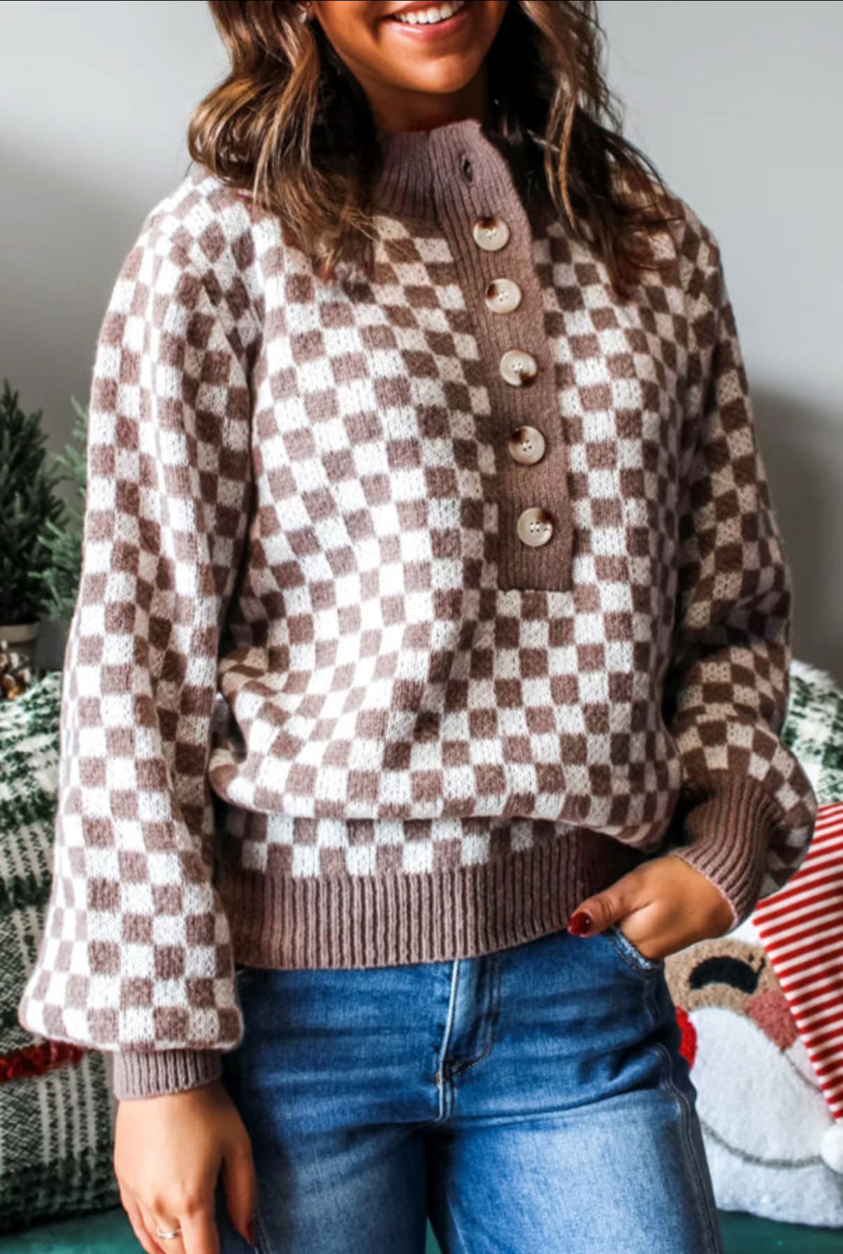 Dark Brown Half Buttoned Knit Sweater