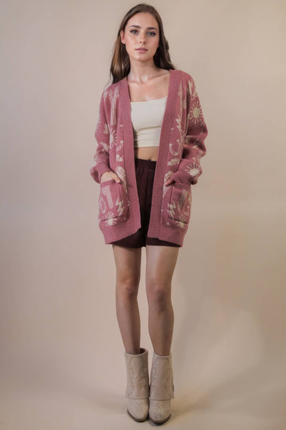 12W3393N-Oversized Western Graphic Knit Sweater Cardigan