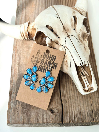 Western Half Concho Squash Blossom Stone Dangle Earrings