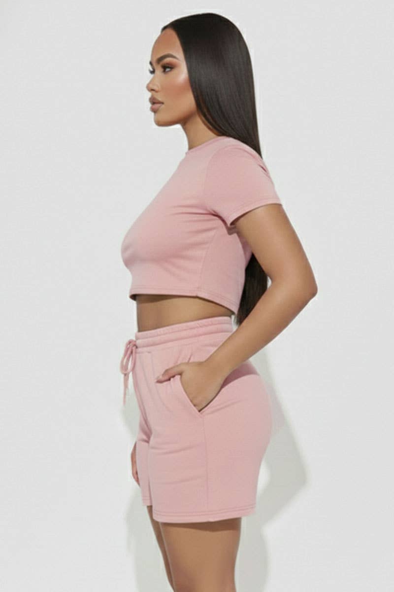 Fitted Crop Tee & Shorts Set - Pink