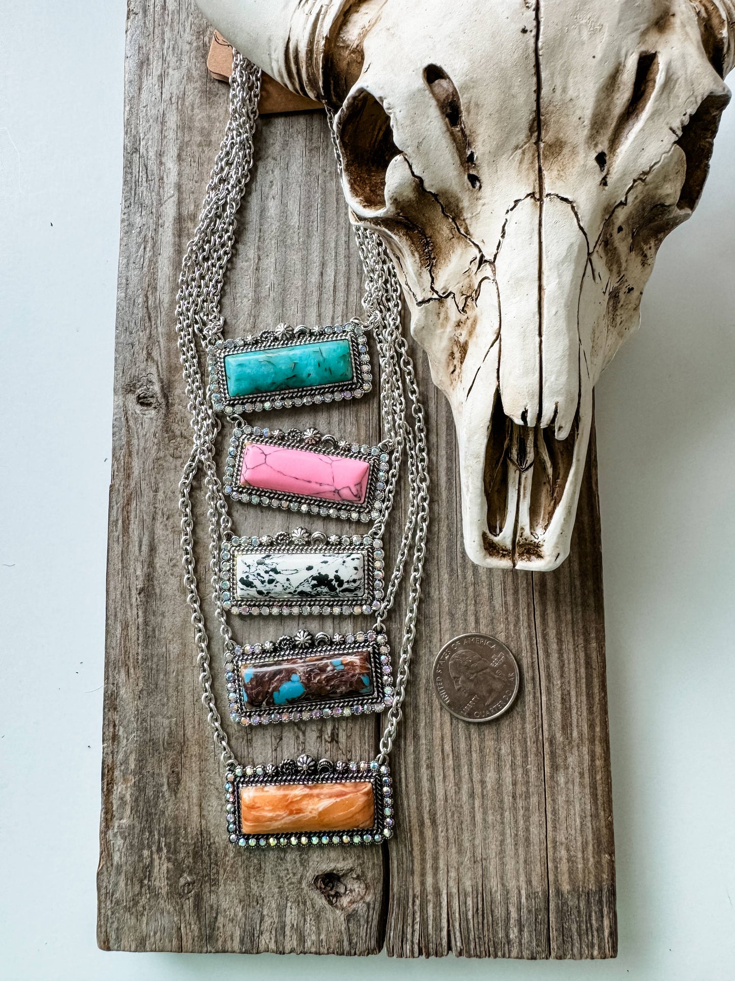 Western Semi Stone Bar Necklace - with Rhinestone edge