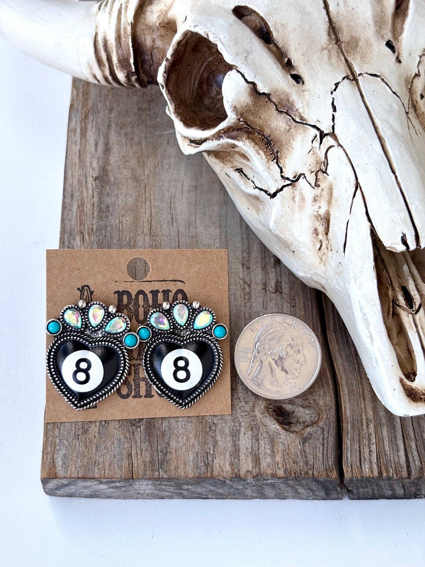 Western Style 8 Ball Stone Heart Stud Earrings