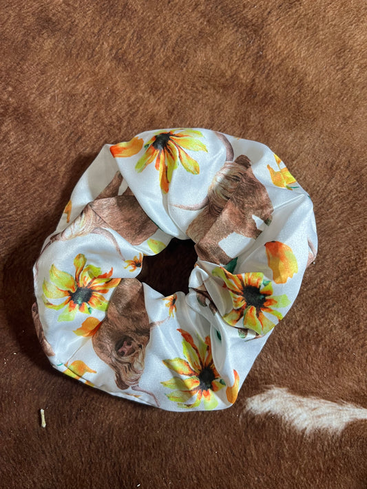 Highland Cow and Flowers Scrunchie