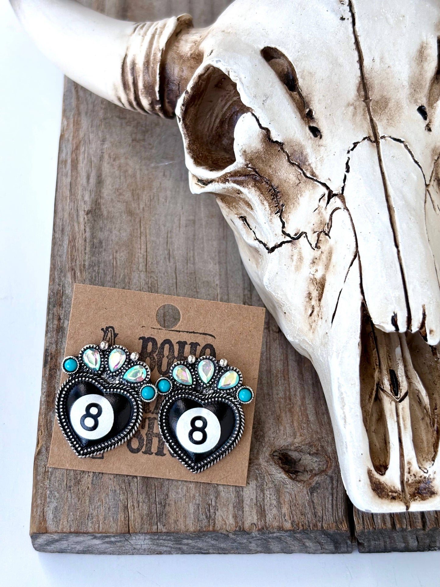 Western Style 8 Ball Stone Heart Stud Earrings