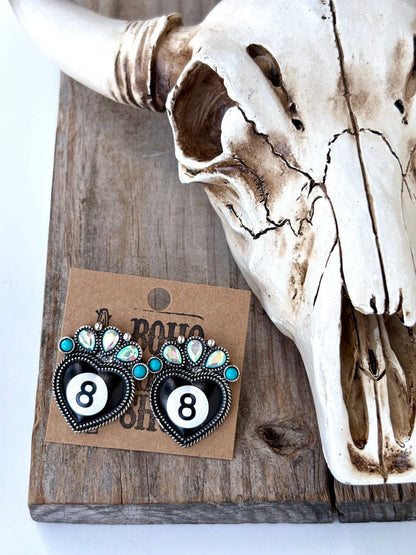 Western Style 8 Ball Stone Heart Stud Earrings